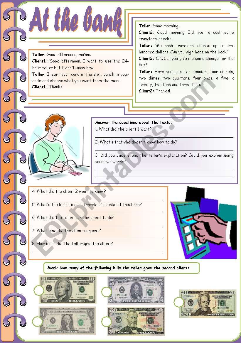 At the bank  vocabulary, comprehension and grammar (American money + bank + can) [6 tasks] ((2 pages)) ***editable